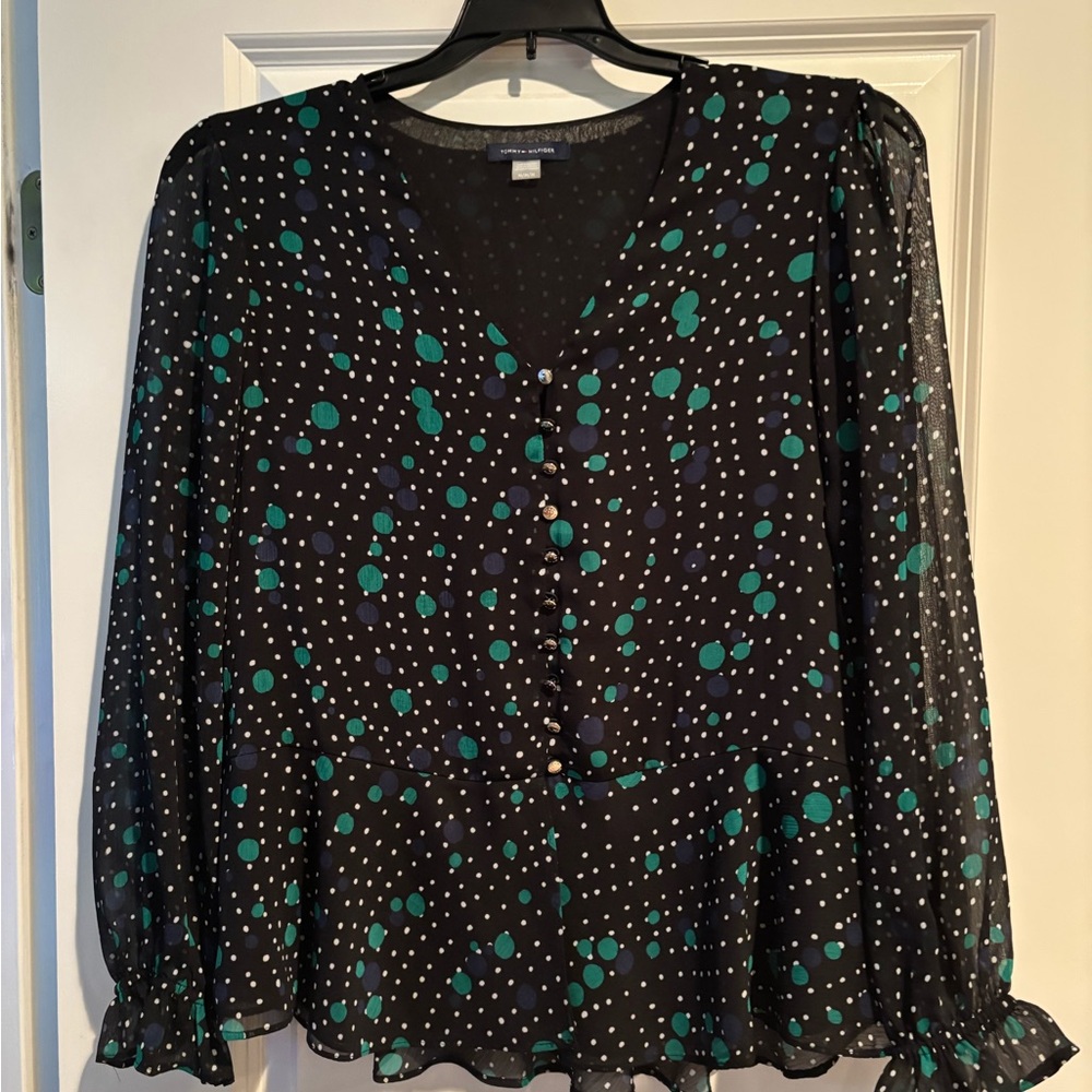 Tommy Hilfiger Sheer Polka Dot Peplum Blouse Black Teal M